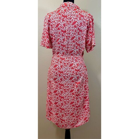 Jaquelin De Yong Red White Lightweight Front Button Up Waisted Tie Floral Dress - Picture 2 of 8